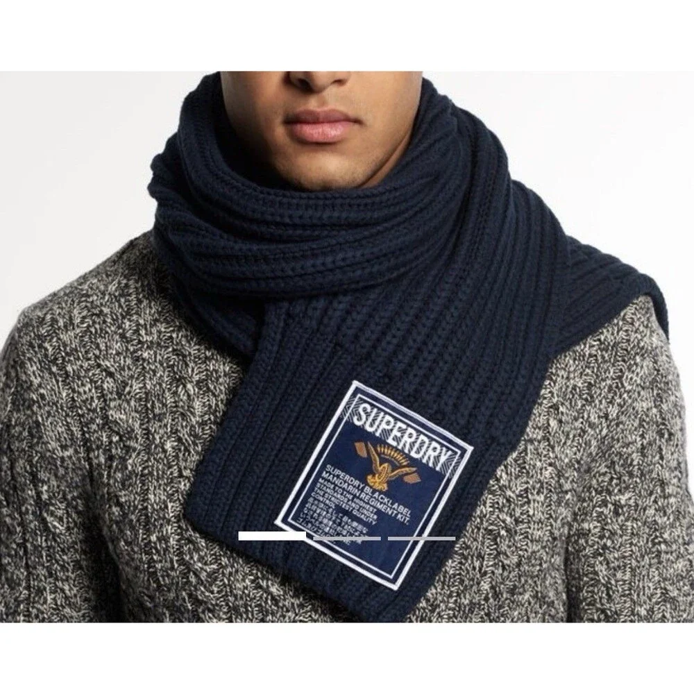 Superdry Super Cable Chunky Knit Navy Blue Unisex Scarf Black Label